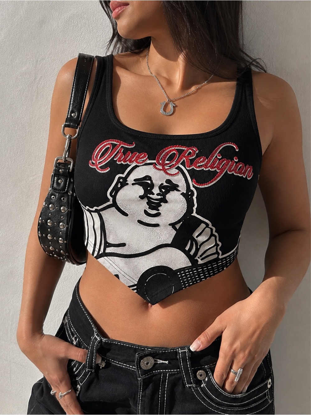 NWT True Religion Crystal Buddha Handkerchief Tank Top Black S